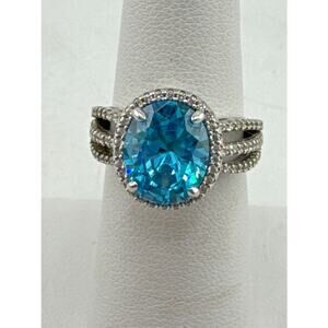 Aura by TJM Sterling silver blue synthetic quartz & white CZ Cushion ring